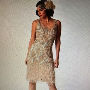 Champagne Beaded Deco Feather Fringe Flapper Dress
